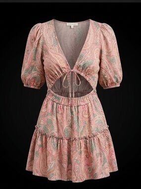 Sky to Moon Paisley Tie-Front Pink and Green Mini Dress with Puff Sleeves Boho L